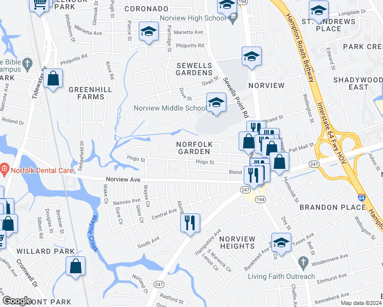 map of restaurants, bars, coffee shops, grocery stores, and more near 1037 Green Street in Norfolk