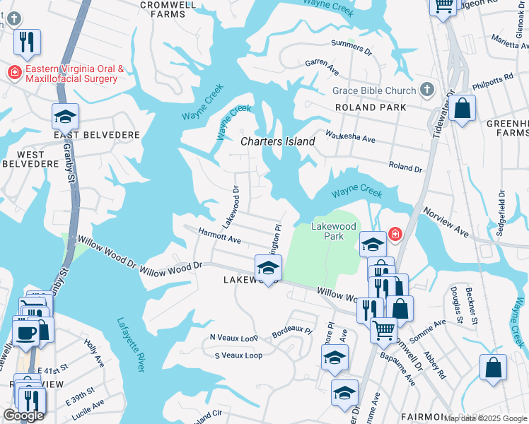 map of restaurants, bars, coffee shops, grocery stores, and more near 1440 Hadlock Avenue in Norfolk