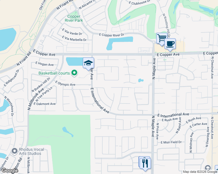 map of restaurants, bars, coffee shops, grocery stores, and more near 10638 North Oak Hill Circle in Fresno