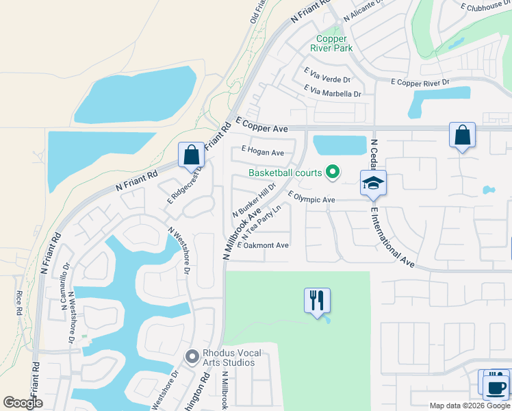 map of restaurants, bars, coffee shops, grocery stores, and more near 10624 North Bunkerhill Drive in Fresno