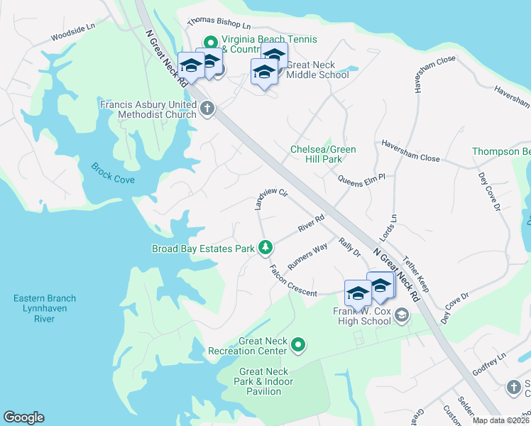 map of restaurants, bars, coffee shops, grocery stores, and more near 2568 Landview Circle in Virginia Beach