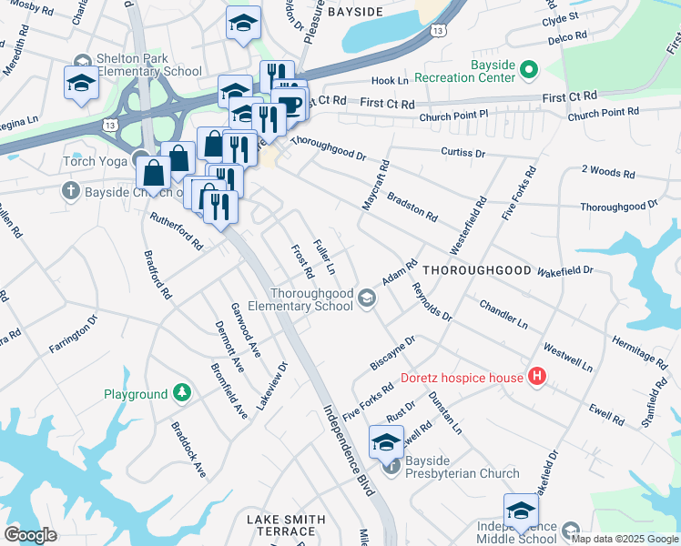map of restaurants, bars, coffee shops, grocery stores, and more near 1501 Fuller Lane in Virginia Beach