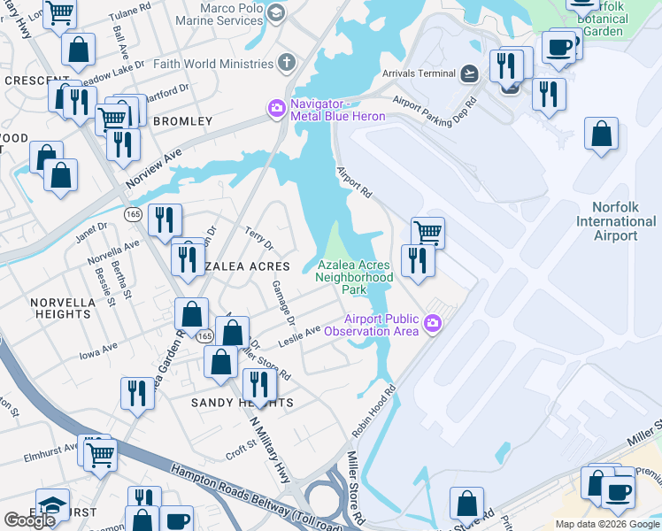 map of restaurants, bars, coffee shops, grocery stores, and more near 5832 Townley Avenue in Norfolk