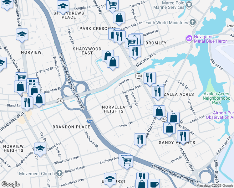 map of restaurants, bars, coffee shops, grocery stores, and more near 3521 Thurston Street in Norfolk