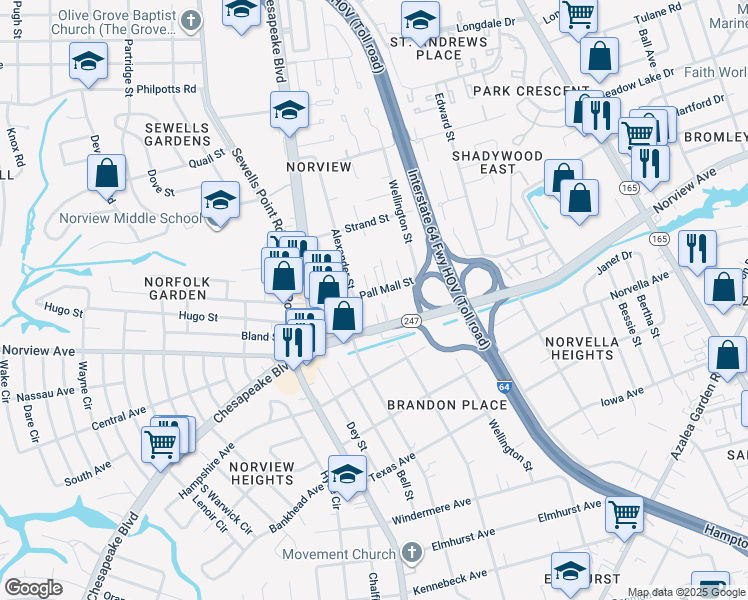 map of restaurants, bars, coffee shops, grocery stores, and more near 1260 Norview Avenue in Norfolk
