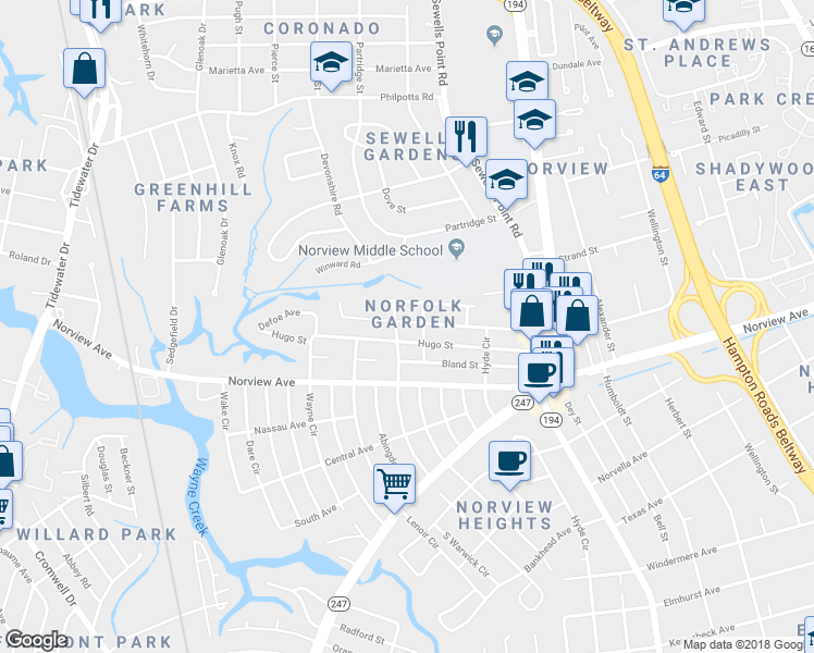 map of restaurants, bars, coffee shops, grocery stores, and more near 1045 Hugo Street in Norfolk