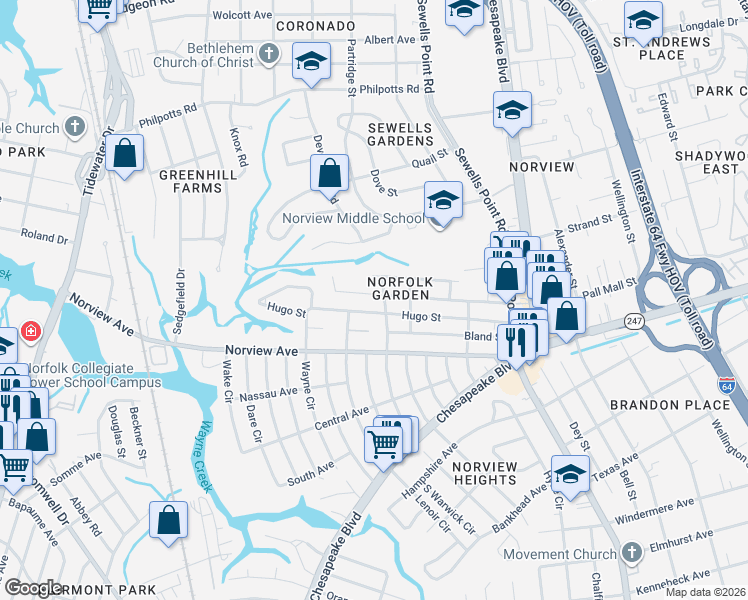 map of restaurants, bars, coffee shops, grocery stores, and more near 1015 Hugo Street in Norfolk