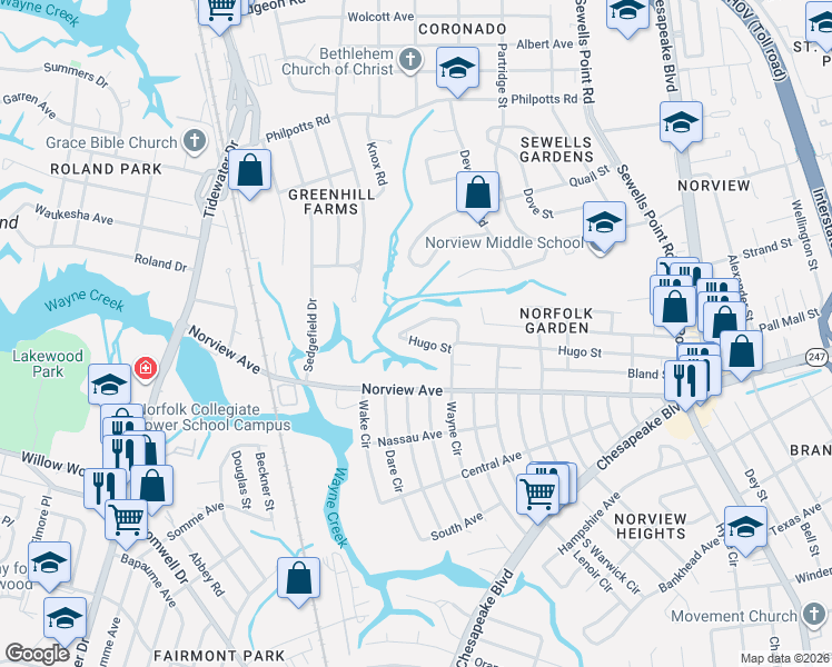 map of restaurants, bars, coffee shops, grocery stores, and more near 925 Hugo Street in Norfolk