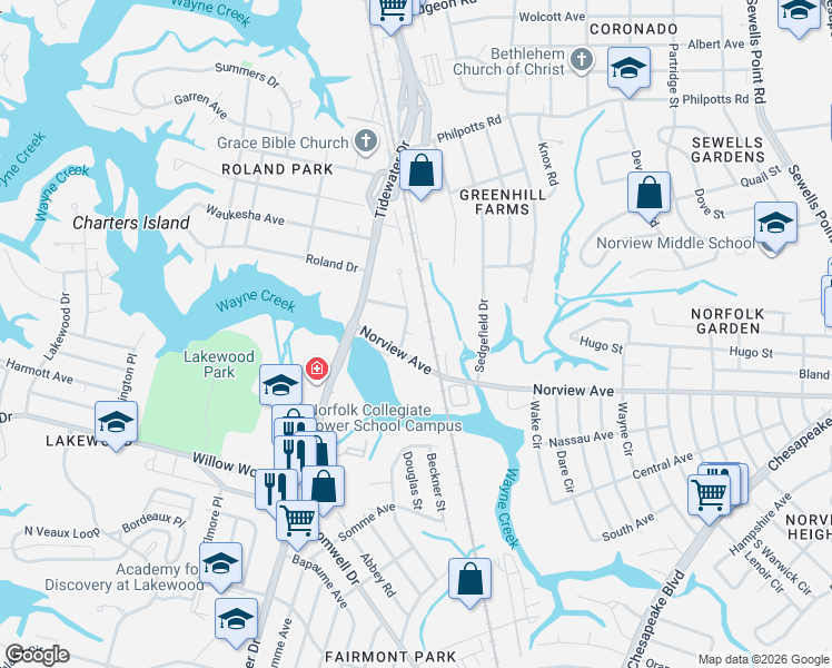 map of restaurants, bars, coffee shops, grocery stores, and more near 822 Norview Avenue in Norfolk