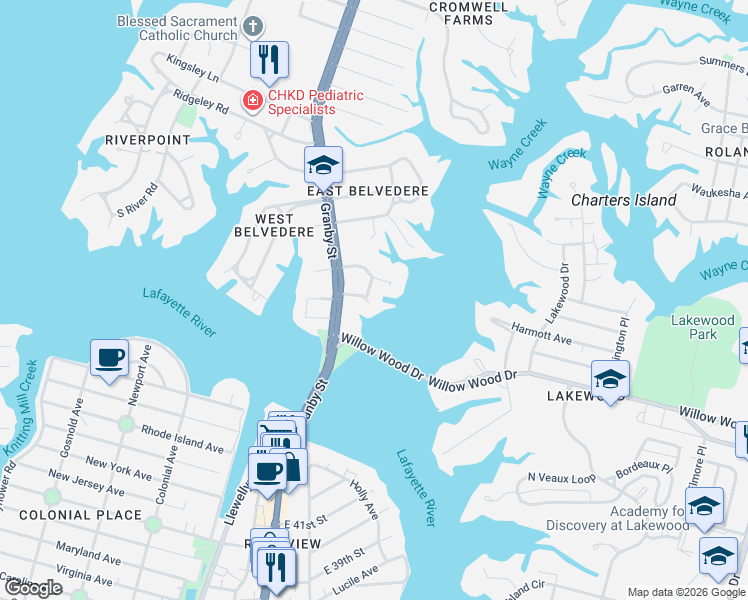 map of restaurants, bars, coffee shops, grocery stores, and more near 104 Willow Wood Drive in Norfolk