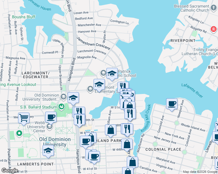 map of restaurants, bars, coffee shops, grocery stores, and more near 809 Rockbridge Avenue in Norfolk