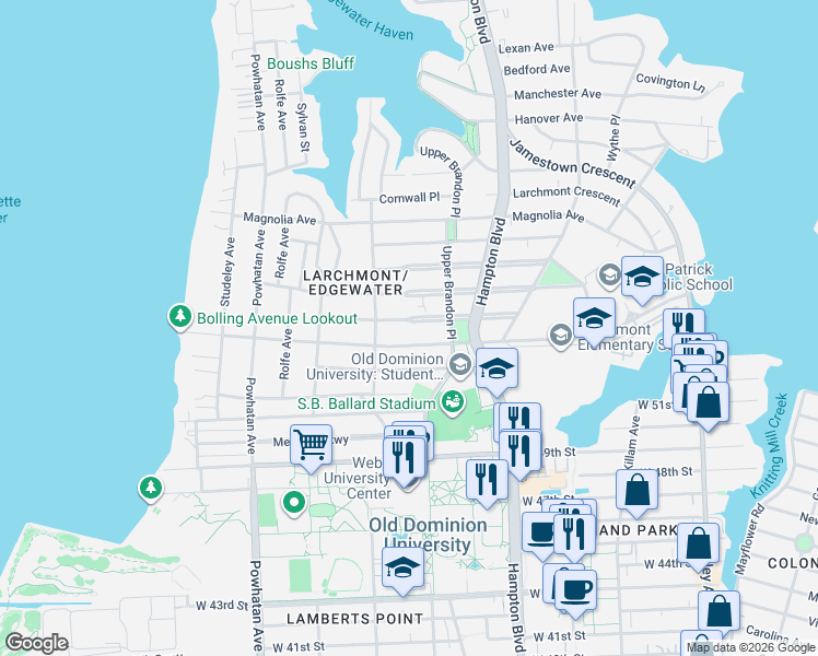 map of restaurants, bars, coffee shops, grocery stores, and more near 1335 Bolling Avenue in Norfolk