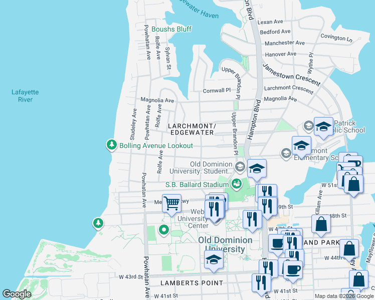 map of restaurants, bars, coffee shops, grocery stores, and more near 1429 Bolling Avenue in Norfolk