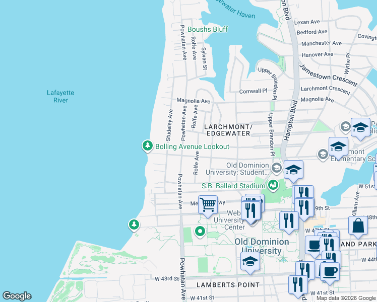 map of restaurants, bars, coffee shops, grocery stores, and more near 1545 Bolling Avenue in Norfolk