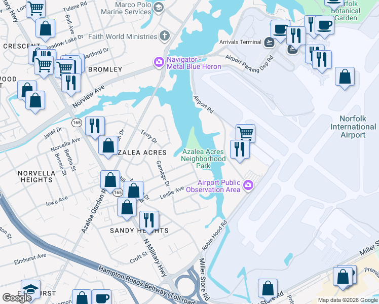 map of restaurants, bars, coffee shops, grocery stores, and more near 5832 Townley Avenue in Norfolk