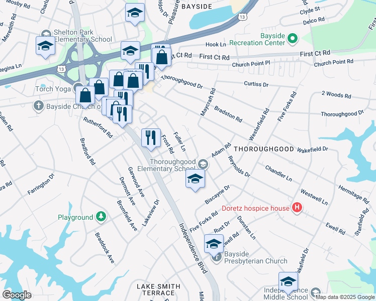 map of restaurants, bars, coffee shops, grocery stores, and more near 1501 Fuller Lane in Virginia Beach