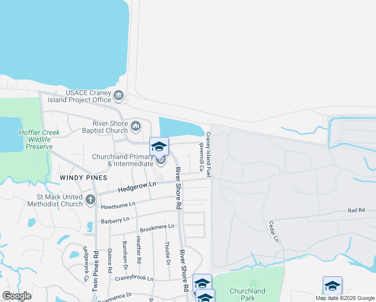 map of restaurants, bars, coffee shops, grocery stores, and more near 4413 River Shore Road in Portsmouth