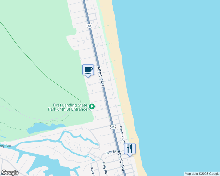 map of restaurants, bars, coffee shops, grocery stores, and more near 131 66th Street in Virginia Beach