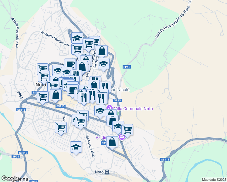 map of restaurants, bars, coffee shops, grocery stores, and more near 135 Via Camillo Benso Conte di Cavour in Noto