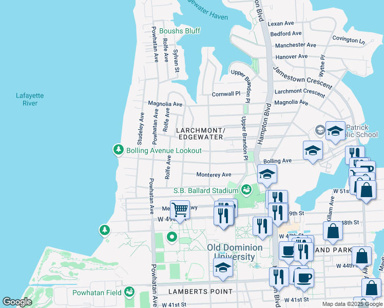 map of restaurants, bars, coffee shops, grocery stores, and more near 1417 Buckingham Avenue in Norfolk