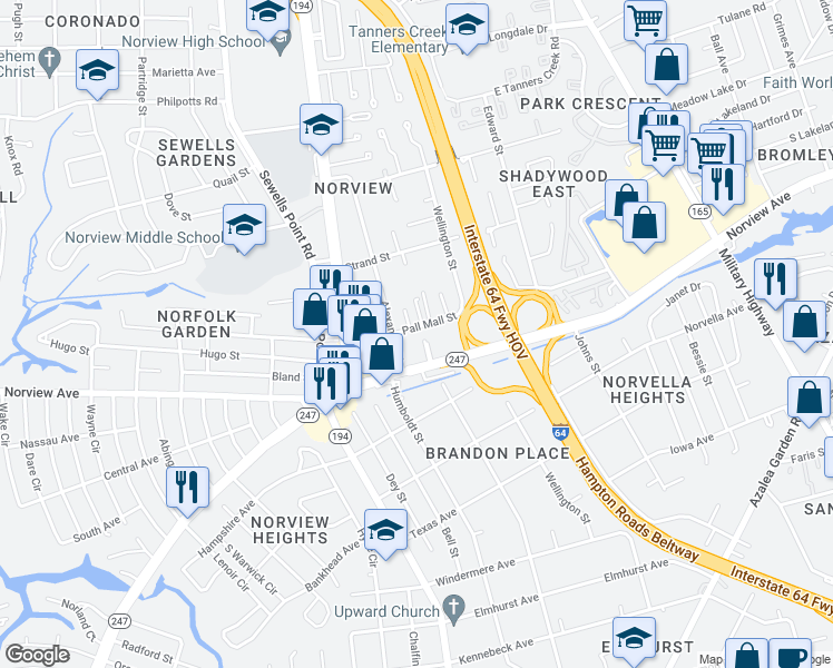 map of restaurants, bars, coffee shops, grocery stores, and more near 1253 Pall Mall Street in Norfolk