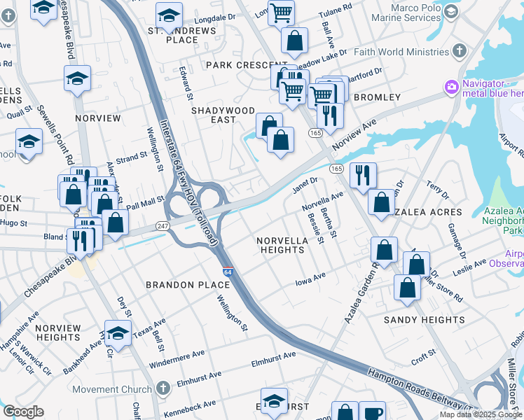 map of restaurants, bars, coffee shops, grocery stores, and more near 3613 Norvella Court in Norfolk