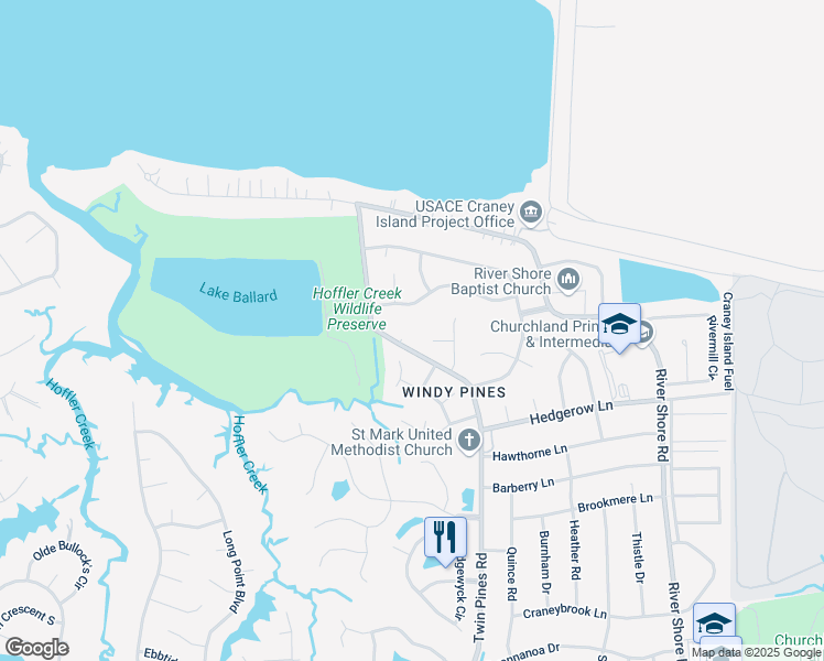 map of restaurants, bars, coffee shops, grocery stores, and more near 5851 Woodside Lane in Portsmouth