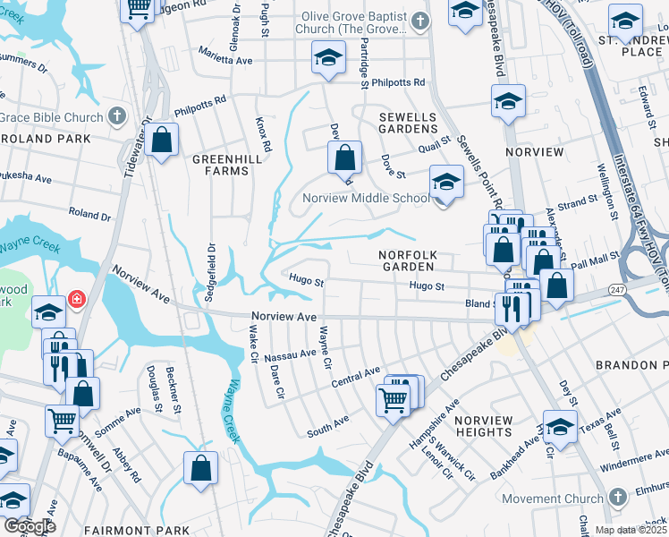 map of restaurants, bars, coffee shops, grocery stores, and more near 6148 Wayne Circle in Norfolk
