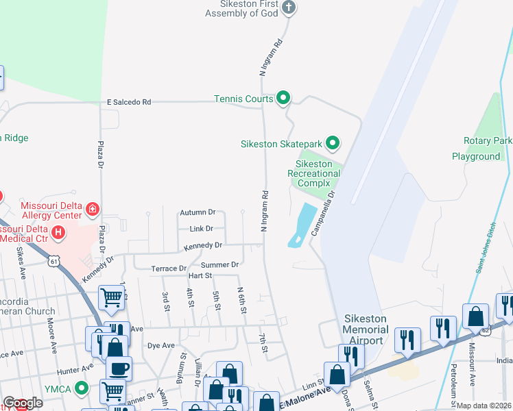 map of restaurants, bars, coffee shops, grocery stores, and more near 513 North Ingram Road in Sikeston