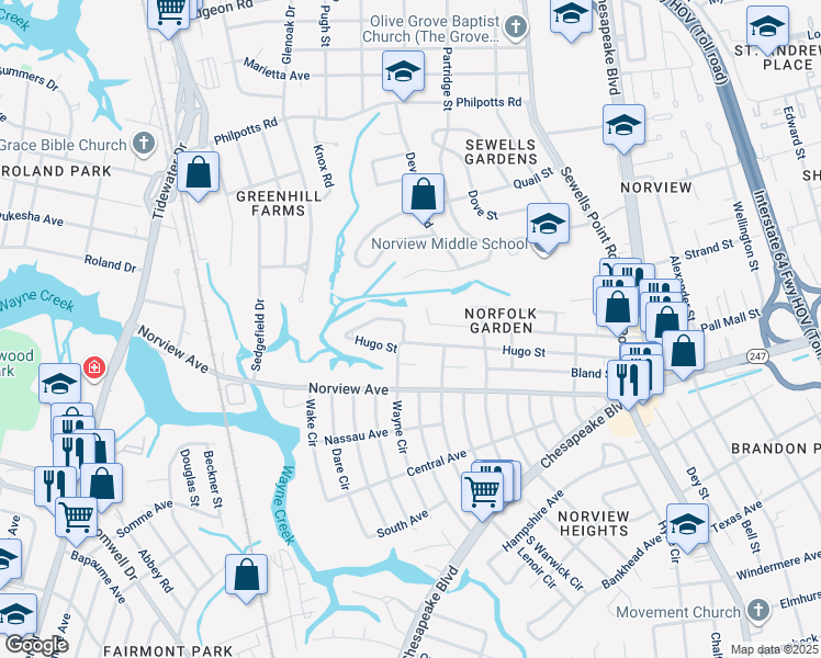map of restaurants, bars, coffee shops, grocery stores, and more near 6148 Wayne Circle in Norfolk