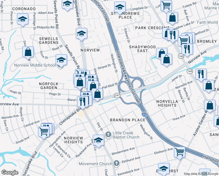 map of restaurants, bars, coffee shops, grocery stores, and more near 1268 Pall Mall Street in Norfolk