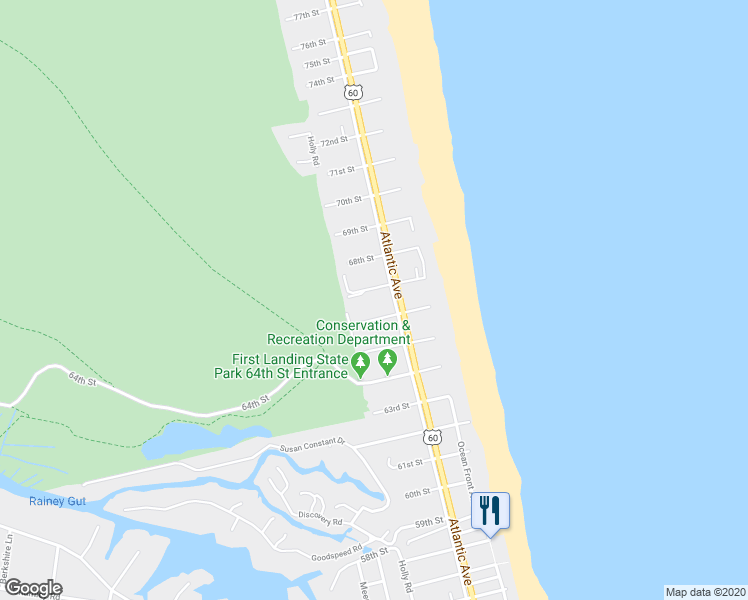 map of restaurants, bars, coffee shops, grocery stores, and more near 208 67th Street in Virginia Beach