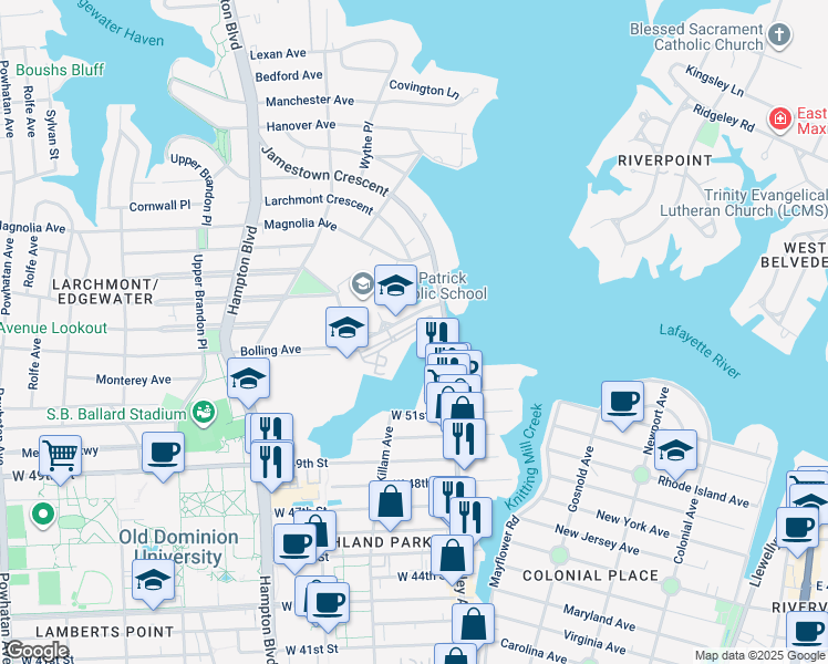map of restaurants, bars, coffee shops, grocery stores, and more near 955 Bolling Avenue in Norfolk