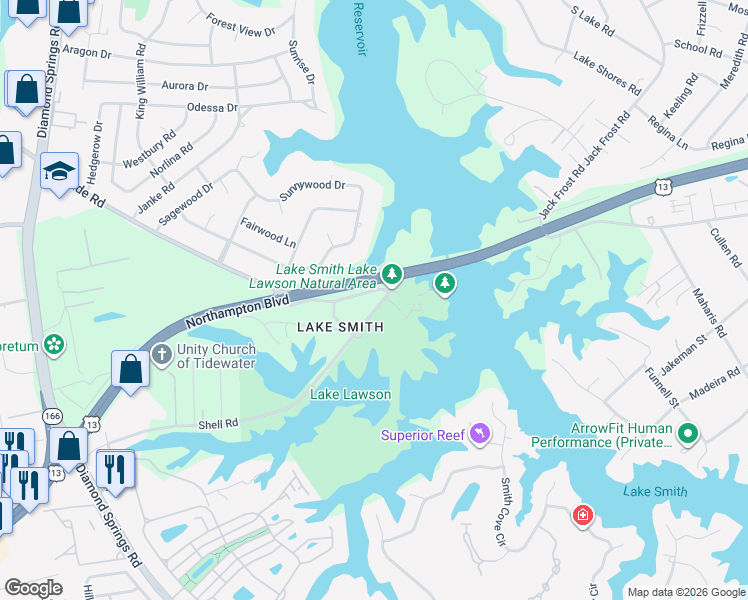 map of restaurants, bars, coffee shops, grocery stores, and more near 5325A Bayside Road in Virginia Beach