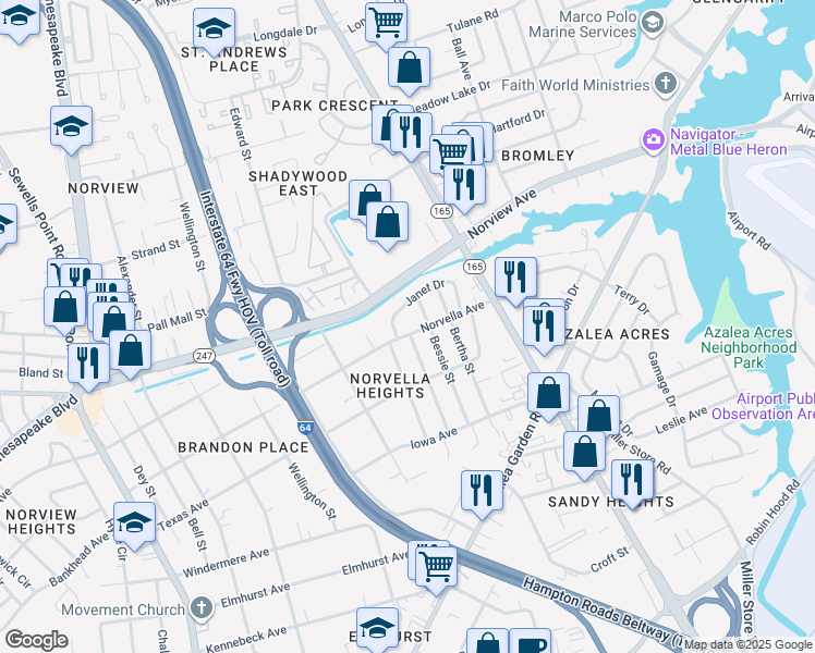 map of restaurants, bars, coffee shops, grocery stores, and more near 5281 Janet Drive in Norfolk