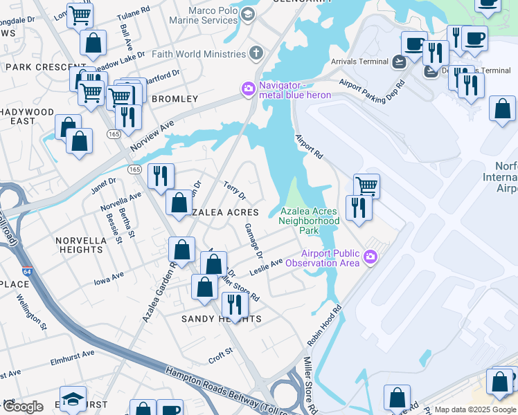 map of restaurants, bars, coffee shops, grocery stores, and more near 3478 Gamage Drive in Norfolk