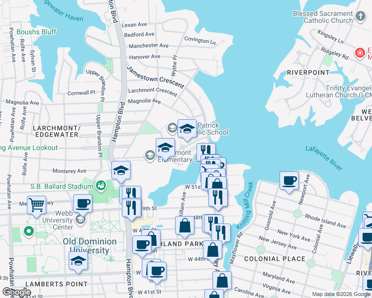 map of restaurants, bars, coffee shops, grocery stores, and more near 953 Bolling Avenue in Norfolk