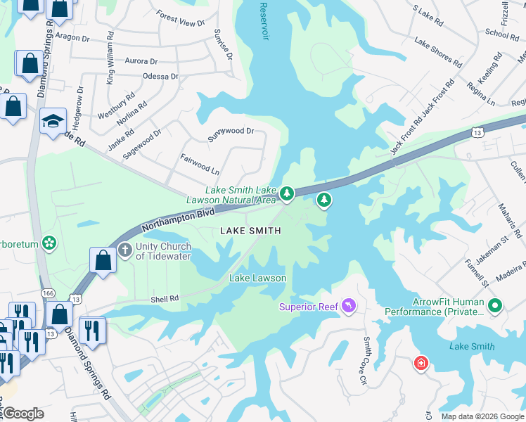 map of restaurants, bars, coffee shops, grocery stores, and more near 5325A Bayside Road in Virginia Beach