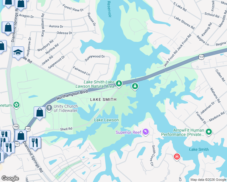 map of restaurants, bars, coffee shops, grocery stores, and more near 5325A Bayside Road in Virginia Beach