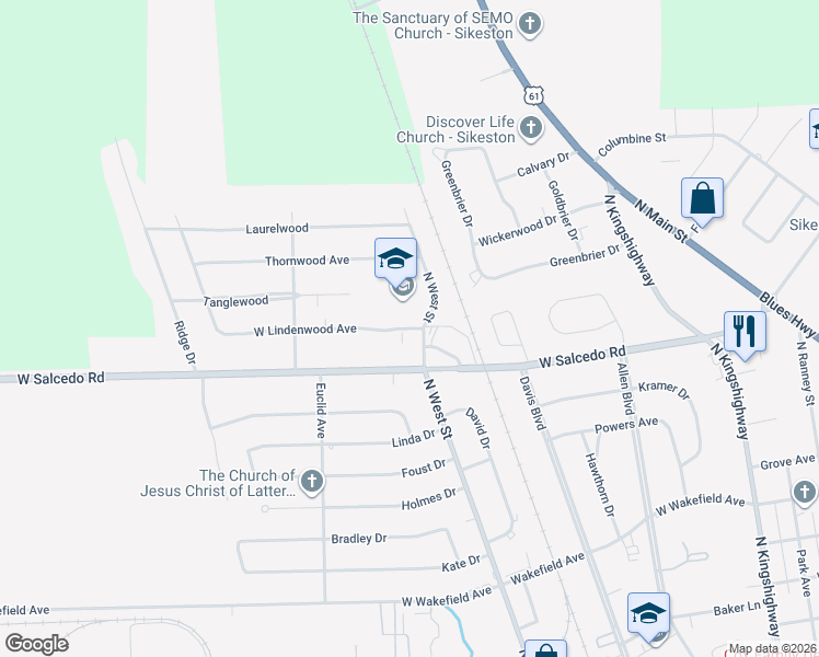 map of restaurants, bars, coffee shops, grocery stores, and more near 1226 Middle School Drive in Sikeston