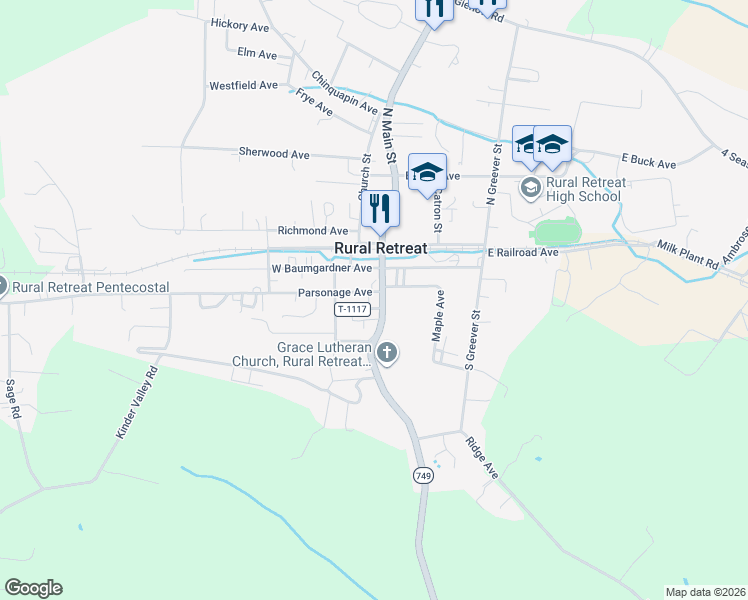 map of restaurants, bars, coffee shops, grocery stores, and more near 201-299 S Main St in Rural Retreat
