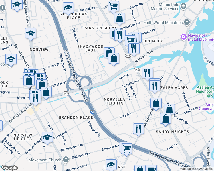 map of restaurants, bars, coffee shops, grocery stores, and more near 3616 Norvella Court in Norfolk