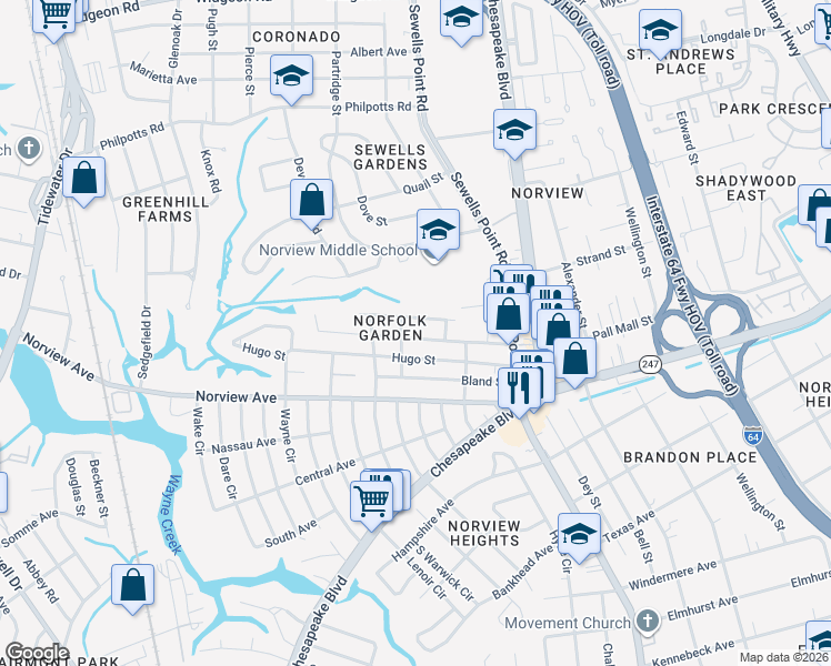 map of restaurants, bars, coffee shops, grocery stores, and more near in Norfolk