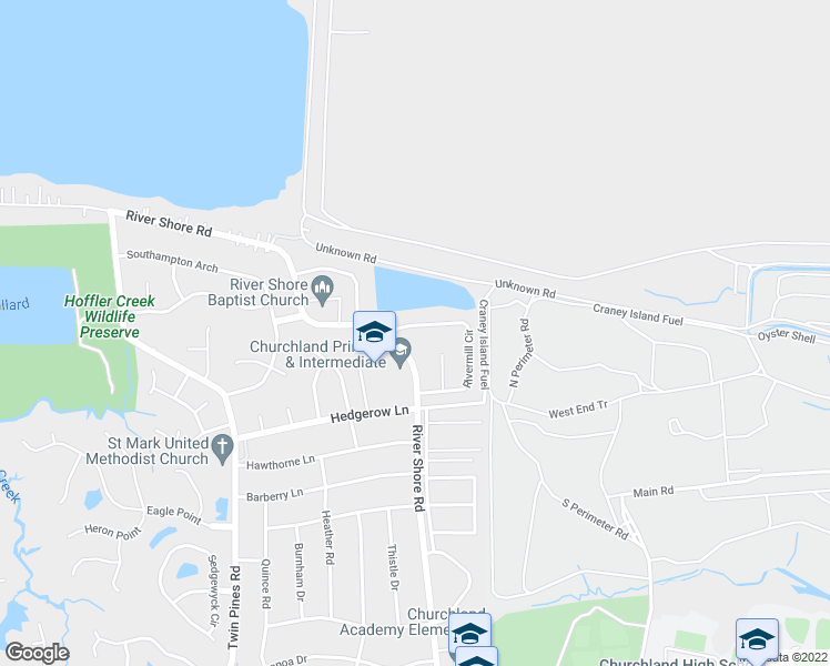 map of restaurants, bars, coffee shops, grocery stores, and more near 5770 Rivermill Circle in Portsmouth