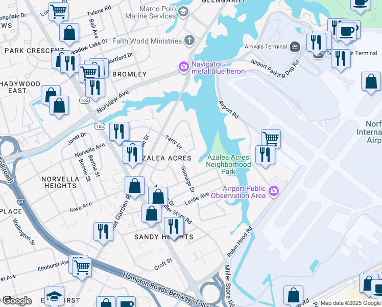 map of restaurants, bars, coffee shops, grocery stores, and more near 3478 Gamage Drive in Norfolk