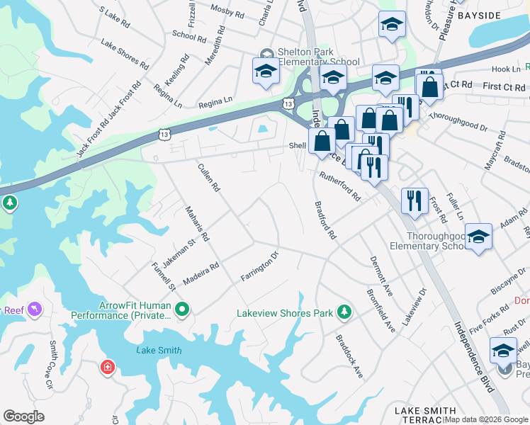 map of restaurants, bars, coffee shops, grocery stores, and more near 4905 Farrington Drive in Virginia Beach