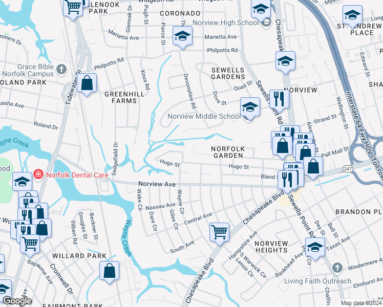 map of restaurants, bars, coffee shops, grocery stores, and more near 977 Green Street in Norfolk