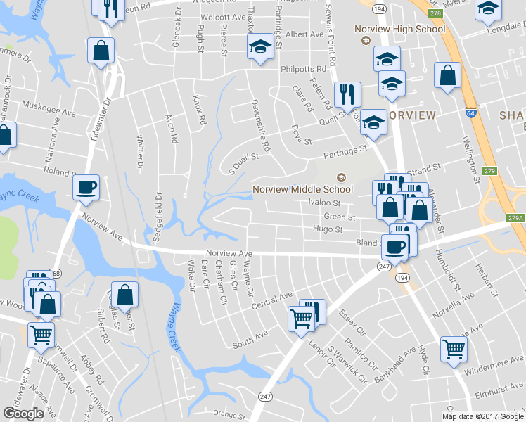 map of restaurants, bars, coffee shops, grocery stores, and more near 977 Green Street in Norfolk