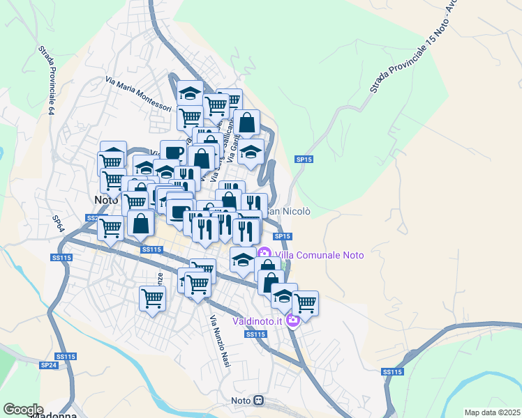 map of restaurants, bars, coffee shops, grocery stores, and more near Via Rapisardi in Noto