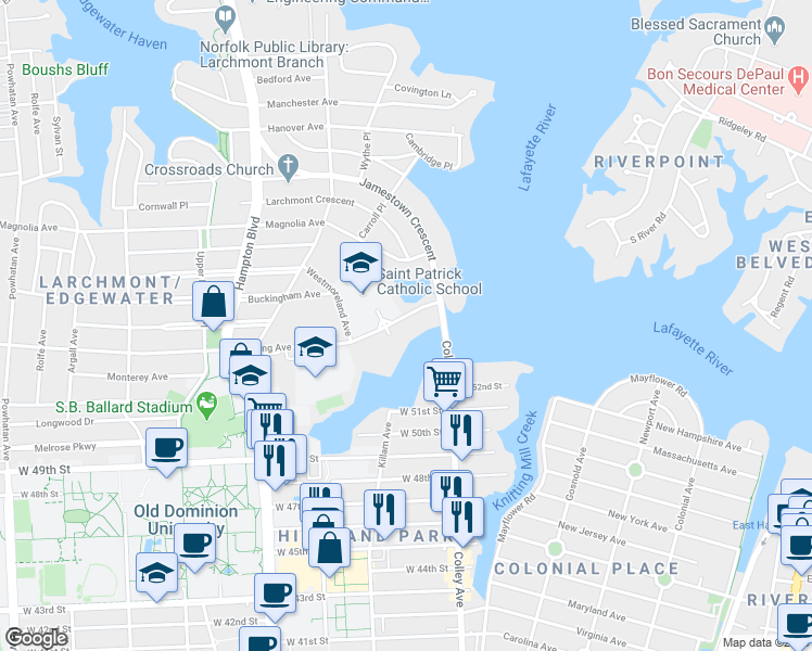 map of restaurants, bars, coffee shops, grocery stores, and more near 937 Bolling Avenue in Norfolk